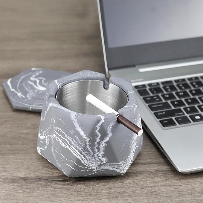 FREELOVE Concrete Ashtray with Lid & Stainless Steel Ashtrays for Cigarettes, Cement Ash Tray Smoking Holder Indoor Smokeless Outdoor Windproof Patio Home Office Cool Decor(Grey-White, Large)