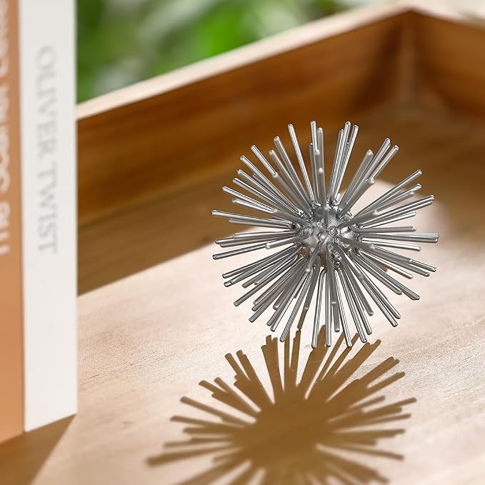 Silver Sphere Decor, Metal Starburst Tabletop Sculpture Decor, Mid-Century Modern Metal Starburst Centerpiece, Spike Ball Decoration for Home, Coffee Table Decor