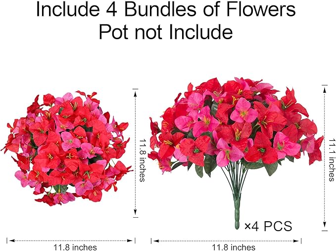Faux Bougainvillea Artificial Spring Flowers for Outdoors, 4 Bundles Fake Bougainvillea Outdoor Plants Silk Flowers for Outside UV Resistant for Outdoor Planters Porch Patio Window Box Garden Decor