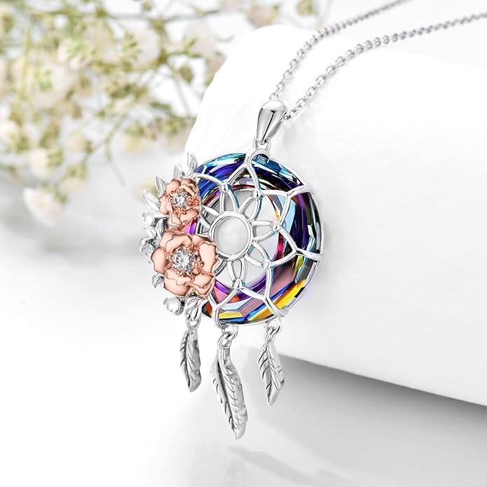 Dream Catcher Crystal Pendant Flower Urn Necklace Jewelry 925 Sterling Silver Keepsake Cremation Necklaces for Human Pet Ashes for Women