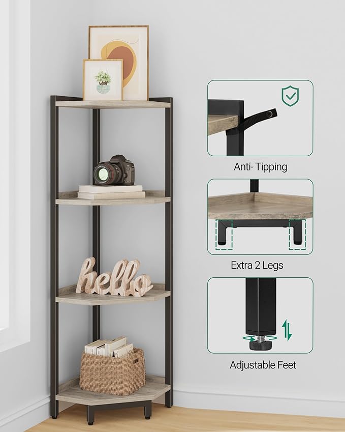 Hzuaneri Corner Shelf Stand, Corner Bookshelf, Storage Standing Shelf Unit with Metal Frame, Plant Stand, Bookcase for Living Room, Home Office, Bedroom, 4-Tier Greige CS05805B