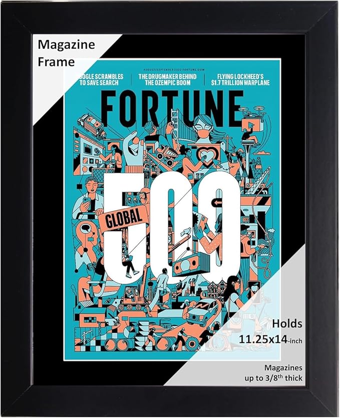 Creative Picture Frames 11.25 x 14 Magazine Frame with Full-Strength Glass, Holds Up To A 1/4" Thick Media with Installed Hangers for Easy Mounting, 12x15 Black Frame with Black Mat