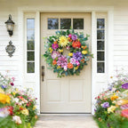 24 Inch Spring Summer Wreaths for Front Door Outside, Luxury Colorful Seasonal Floral Wreath with Chrysanthemums Roses Tulips & Berries, Faux Spring Summer Door Wreath for Outdoor Home Decor