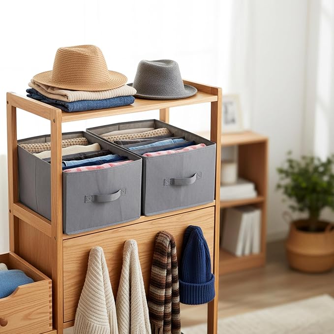 4Pcs Large Foldable Closet Clothing Organizer Boxes, 6 Grids Divider Clothing Organizers, Frame Support Wardrobe Closet Organizer with Handles, for Clothes, Pants, Jeans, Sweaters, T-shirts
