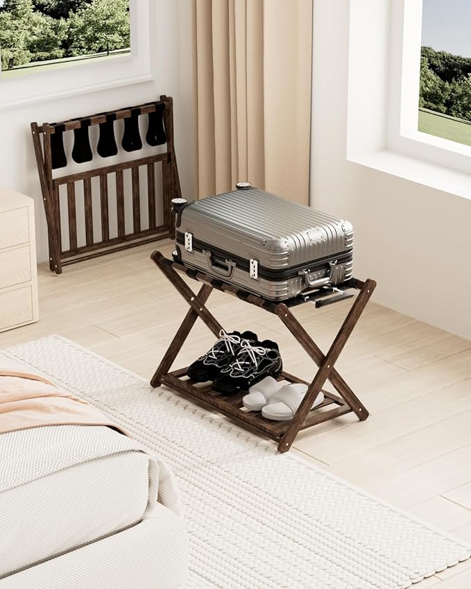 Luggage Racks, Folding Suitcase Stand with Storage Shelf, Bamboo Suitcase Rackwith Unique Magnetic Locking, 2 Pack Assembled Luggage Rack, Luggage Holders Stand for Guest Room, Bedroom, Hotel