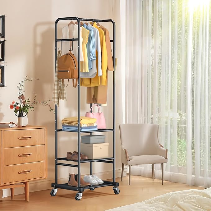 Clothes Rack with Wheels, Freestanding Garment Rack with 3 Metal Shelves for Hanging Clothes, Portable Hanging Rod for Small Room, Bedroom, Bathroom (Black)