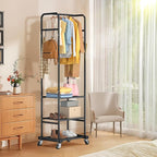 Clothes Rack with Wheels, Freestanding Garment Rack with 3 Metal Shelves for Hanging Clothes, Portable Hanging Rod for Small Room, Bedroom, Bathroom (Black)