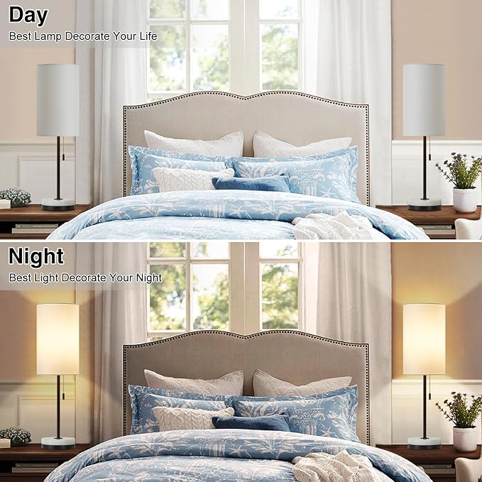 Luvkczc 18" Minimalist Table Lamp Set of 2, Nightstand Lamp for Bedroom Living Room, Modern Pull Chain Bedside Lamp with Marble Base, Fabric Shade, Small Desk Lamp for Home, Office, Reading