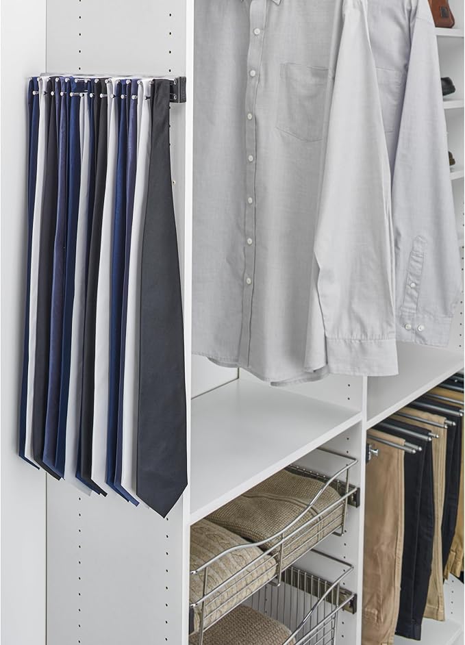 Rev-A-Shelf Pullout 14 Inch Side Mount Extending Closet Tie and Belt Organization Storage Rack Holder for Up to 25 Ties, Chrome, TRC-14CR