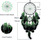 Green and Black Dream Catcher Wall Decor Feather Dream Catchers with Luminous Bead Handmade Dreamcatcher Wall Hanging Ornament for Bedroom Living Room Home Decor