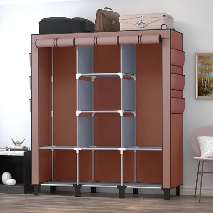 Portable Wardrobe with 10 Storage Racks and 2 Hanging Poles 6 Side Pockets Fleece Cover, Size 130 x 45 x 172 cm, Bedroom Closet Organizer (Coffee)