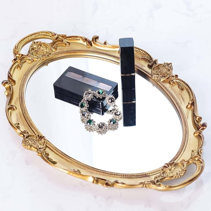 Polyresin Ellipse Antique Decorative Mirror Tray, Makeup Organizer, Jewelry Organizer, Serving Tray, 9.8”x 14.6”, Gold