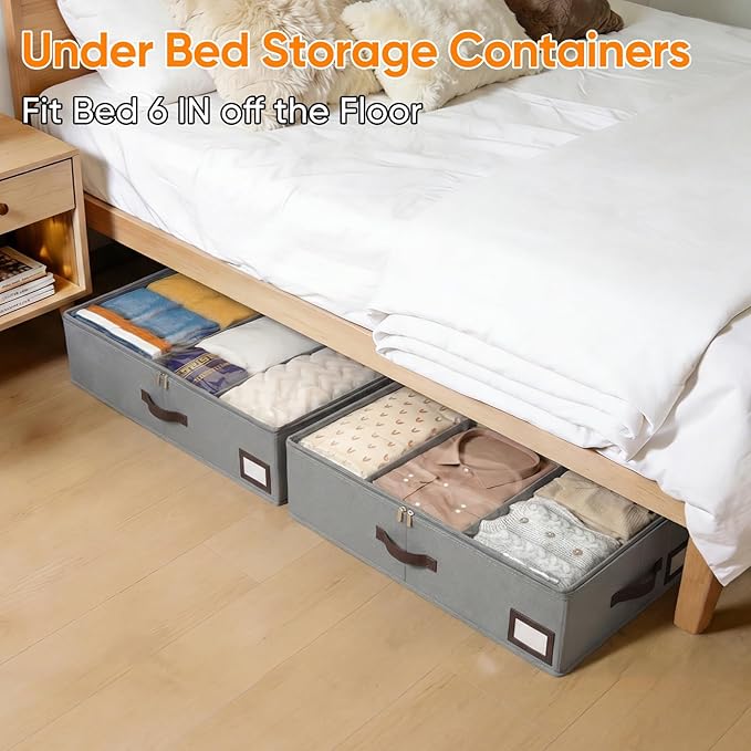 OIAHOMY 2 Pack Under Bed Storage, 6 Inch High Under Bed Storage Containers with Adjustable Dividers, Dual Zippers, &Clear Lid, 53L Under Bed Drawers For Clothes, Blankets, Clothing, & Shoes, Grey