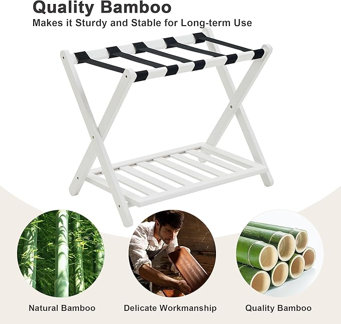 Fully Assembled Luggage Rack for Guest Room, Bamboo Foldable Suitcase Stand with Storage Shelf, Luggage Stand with 5 Nylon Straps, Luggage Holders for Guest Room Bedroom Hotel, White, 1 Pack