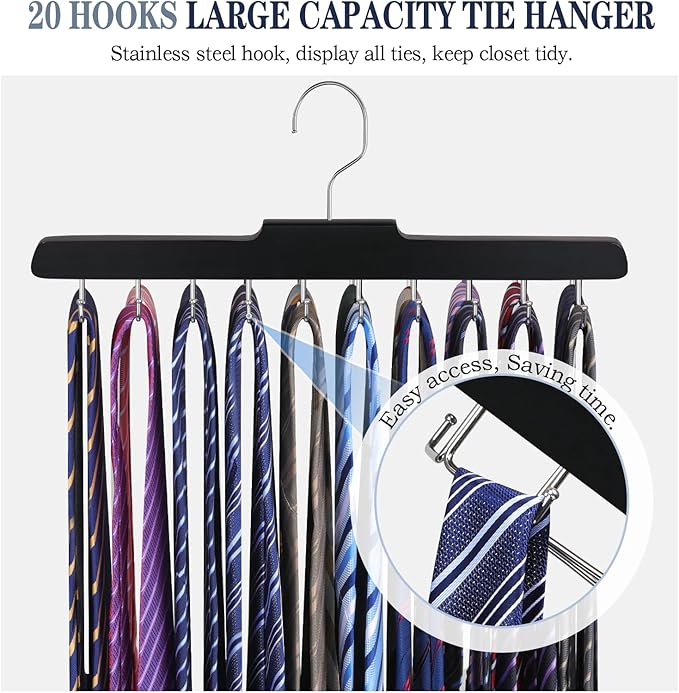 Tie Rack Hanger for Closet Fitnice Upgraded Non Slip Tie Holder Organizer Space Saving with 20 Foldable Hooks Wooden Belt Hanger for Tank Tops Bras Cami Scarves,Black