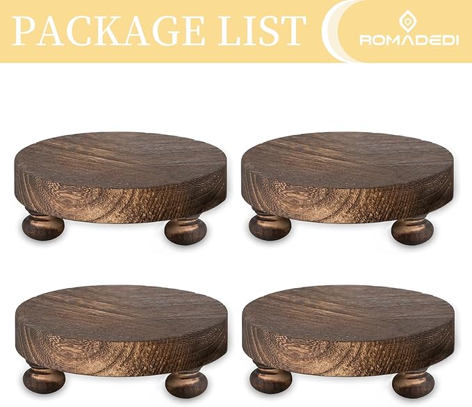 Romadedi Farmhouse Wood Riser for Display- 4 pcs Rustic Decor Mini Wooden Pedestal Decorative Round Tray for Home Table Bathroom Counter Shelf Kitchen, Brown