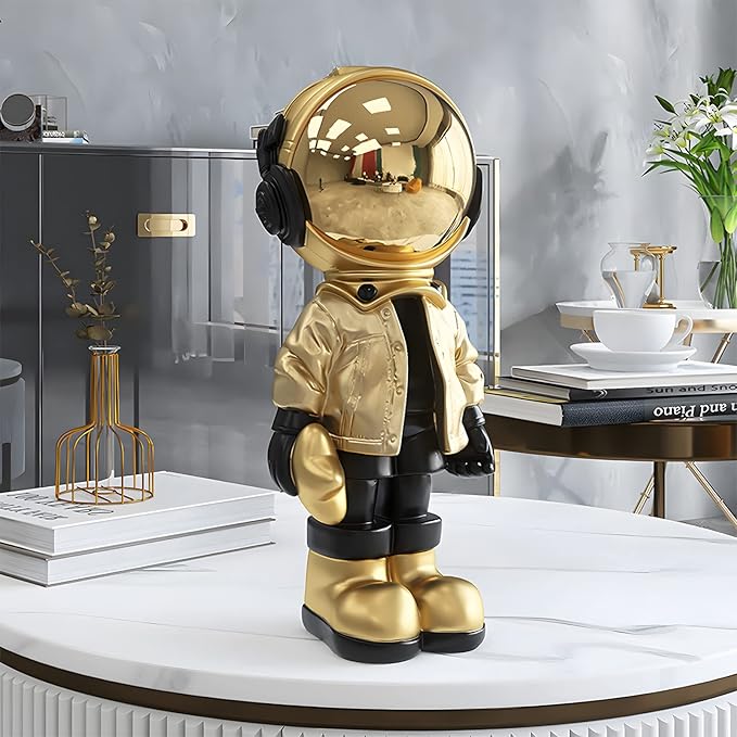 EZ4ENCE Figurine Statue Astronaut Sculpture Spaceman Decor,Sculpture for Home Decor,Arts Gold and Black Shelf Decoration,Cool Metal Mask Table Decor,Large Spaceman Figure Ornament