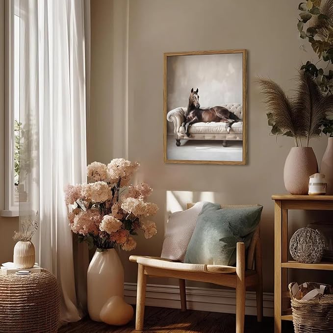 Framed Funny Horse Canvas Wall Art, Vintage Western Brown Horse On Sofa Pictures Wall Decor, Rustic Farmhouse Animal Paintings Prints for Living Room Bedroom Office Dorm 16x24 inch