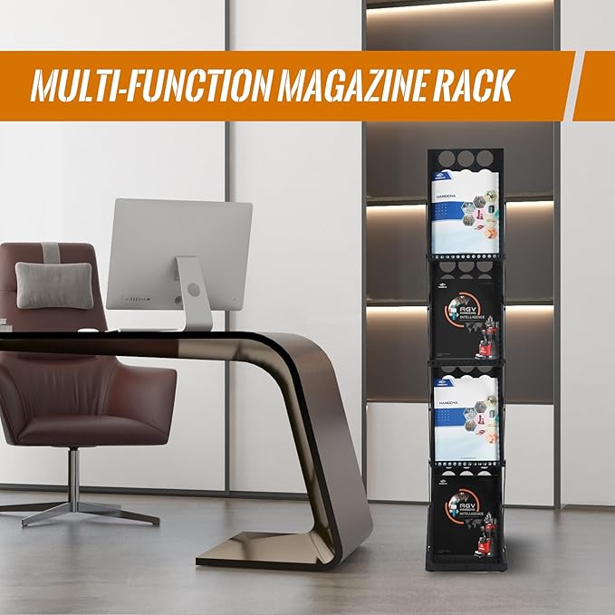 Literature Catalog Rack, Foldable Magazine Brochure Display Stand, Magazine Floor-Standing with Portable Oxford Bag, for Office Store and Exhibition Trade Show (4 Pockets, Black)