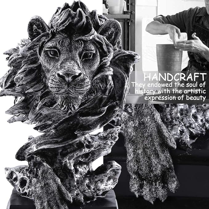 H&W Sandstone Lion Figurines - The King of Beasts - Statue Decoration for Home/Study/Living Room, Great Collectible Figurines, Best Gift for The Man, Silver Color (HH17-D3)