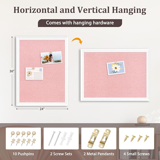 DOLLAR BOSS Bulletin Board with Linen 36'' x 24'' White Framed Cork Boards for Walls, Photo Display Pin Board, Decorative Corkboard for Office Home School Girls Dorm Decor with 10 Pushpins, Pink