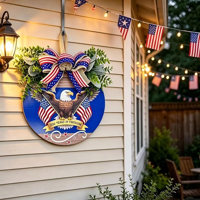 12" Patriotic Wreath for Front Door Wooden Welcome Sign, 4th of July Decorations Outdoor with USA 250th Anniversary Flag, Memorial Day Patriotic Decor (Color-Freedom1)
