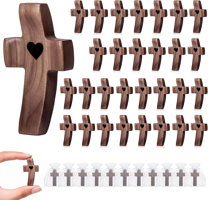 30-Pack Wooden Cross Fidget, Handmade Pocket Wood Crosses, Cross My Heart | Encouragement Gift, Relieve Anxiety for Yourself, Inspirational Easter Gift for Christian Faith, Prayer, Father Day Gifts