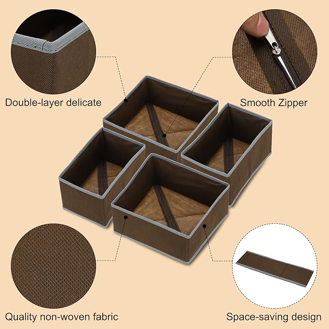 uxcell 1 Set Foldable Cloth Storage Box, 6 Slots Fabric Socks Underwear Drawer Dividers Organizers Baskets Bins for Clothes Socks Scarves Ties, Coffee