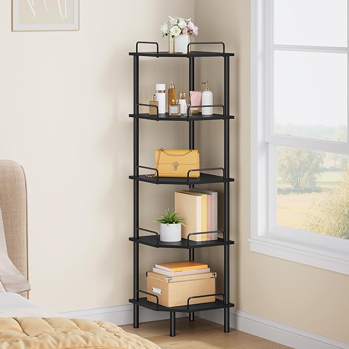 Tajsoon Corner Shelf Stand, 5 Tier Industrial Corner Shelves, Multipurpose Standing Display Shelf, Corner Shelving Unit for Bedroom, Living Room, Office, Kitchen, Black