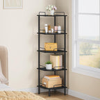Tajsoon Corner Shelf Stand, 5 Tier Industrial Corner Shelves, Multipurpose Standing Display Shelf, Corner Shelving Unit for Bedroom, Living Room, Office, Kitchen, Black