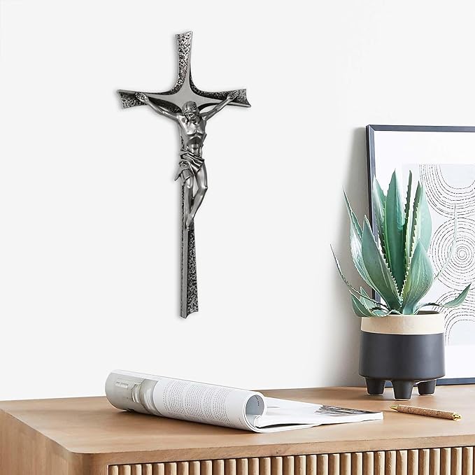 ShineOnAngel Crucifix Wall Cross, 12 Inch Silver Color Durable Resin Wall Crucifix Modern Home Decor, Hand Painted Antique Style Jesus Cross for Wall Religious Housewarming Gifts