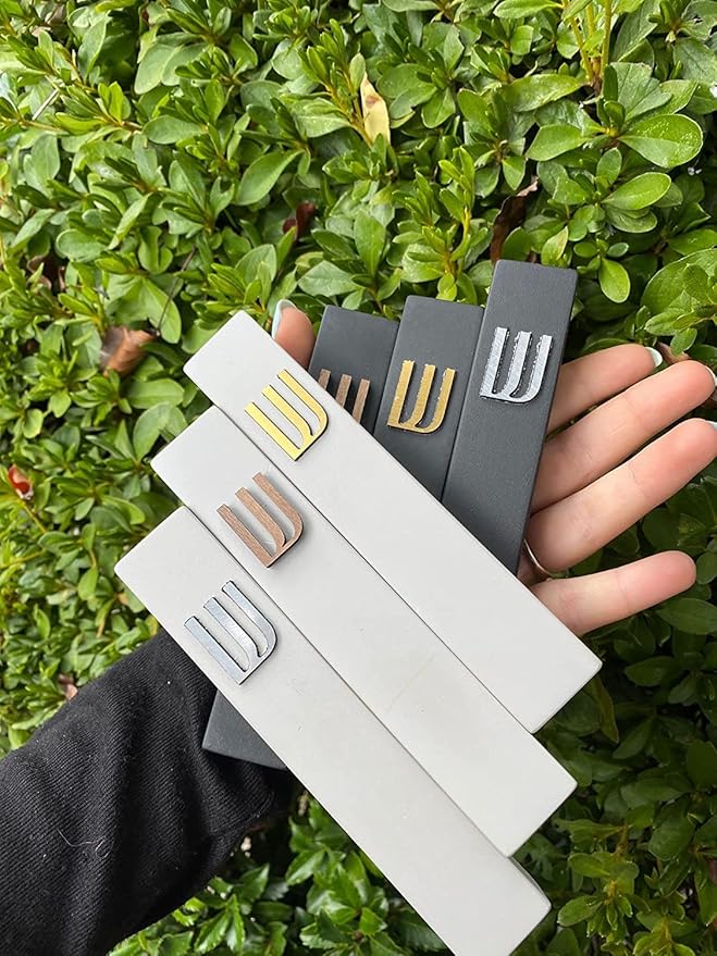 A&S Mezuzot Modern Concrete Mezuzah Case with Scroll, Easy Peel and Stick Mezuza (Grey+ Gold Shin, 9 Inches)