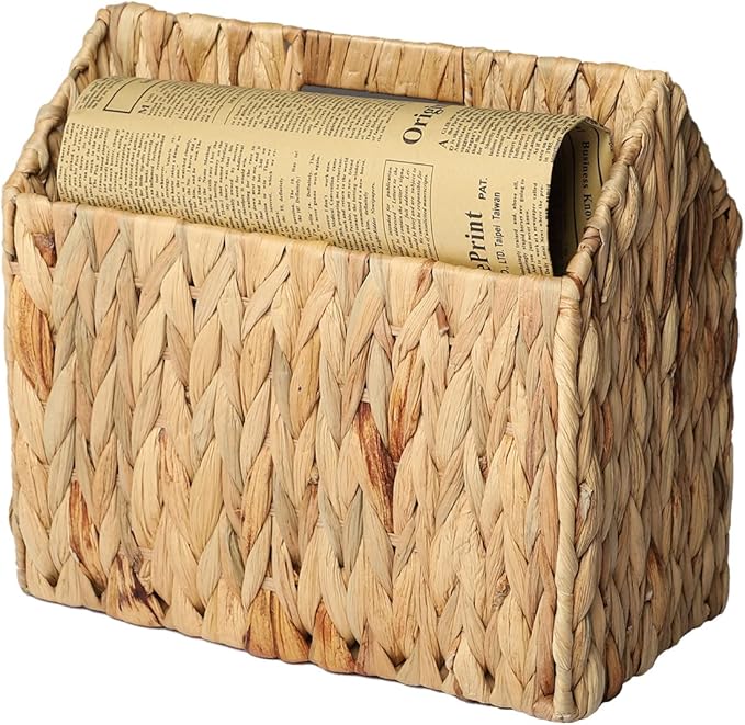 YAHUAN Natural Wicker Magazine Rack Water Hyacinth Divided Magazine Basket Magazine Newspaper Book Holder for Bathroom, Office, Floor