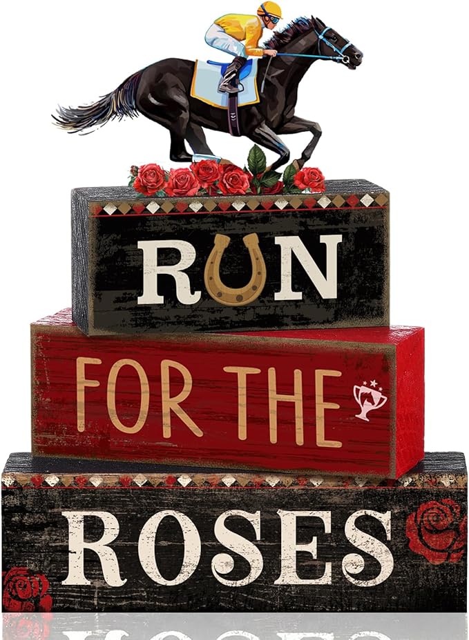 Yuntau 4 Pcs Derby Day Party Decorations Horse Centerpieces for Tables Run for the Roses Table Signs Horsing Racing Wooden Decorations for Derby Shelf Office Festival Party Supplies