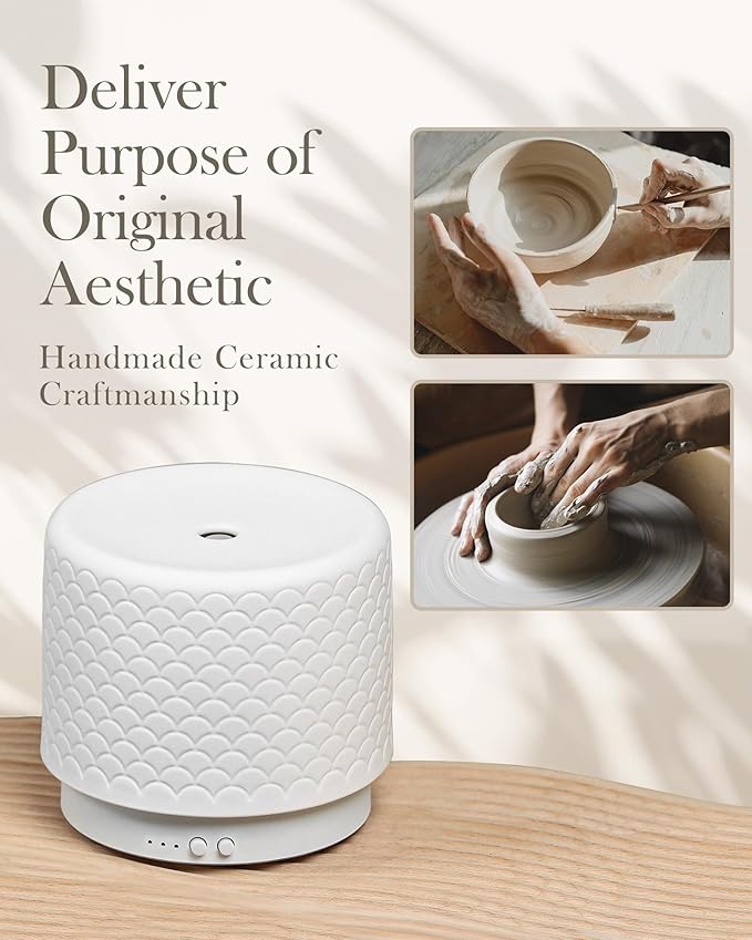Essential Oil Diffuser, 280ml Ceramic Aromatherapy Diffuser with Ultrasonic Cool Mist Humidifier, Timer, Auto Shut-Off, Large Room Aroma Diffuser for Home, Bedroom, Office, Yoga
