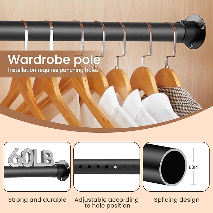 1.3 Inch Diameter Heavy Duty Closet Rods for Hanging Clothes, Metal Black Closet Rod 17-75 Inch Adjustable Clothes Hanging Bar Metal Shower Curtain Rods for Closets, Wardrobes, Bathroom, Windows