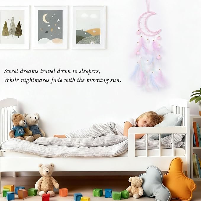 Pretty Jolly Pink Moon Kids Dream Catcher Wall Decor Pompom Feather Baby Dreamcatcher Handmade Children Dream Catcher Home Décor Wall Hanging for Nursery Bedroom Boys Girls Birthday Gift-25.6in