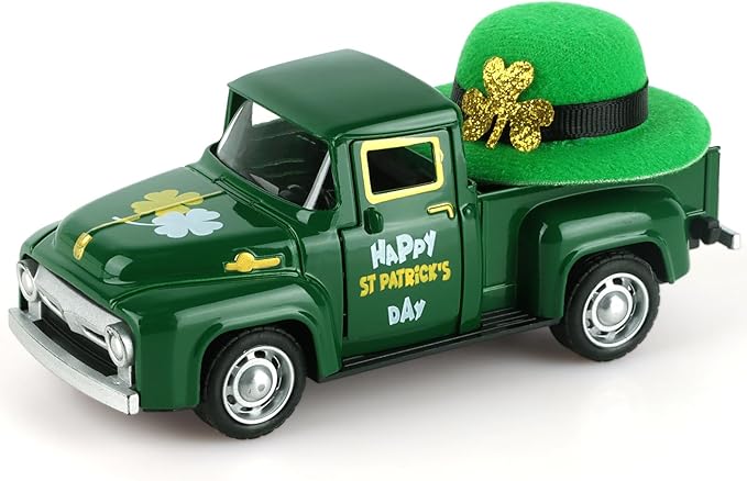 Vintage St. Patrick's Day Mini Metal Truck Four Leaf Truck with Green Hat Diecast Pickup Tiered Tray Decor with Shamrock for Farmhouse Shelf Table Home Decor