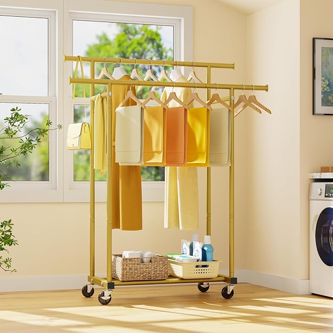 Double Rods Clothes Rack, Sturdy Rolling Clothing Rack, Portable Clothing Racks for Hanging Clothes - Metal Garment Rack Wardrobe Coat Rack for Bedroom Laundry Living Room, Gold