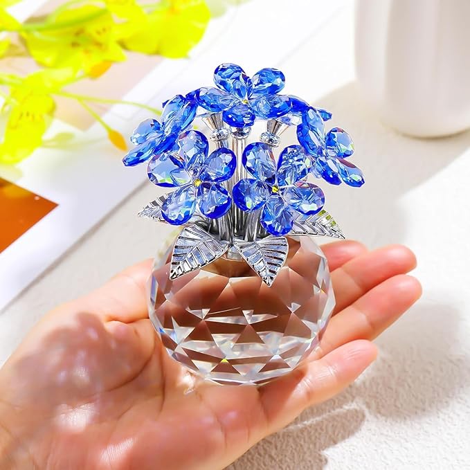 Qianwei Blue Forget Me Not Crystal Flowers - Sympathy Glass Flowers Collectible Figurines Decor Paperweight Ornament Home Office Table Desk Decorations