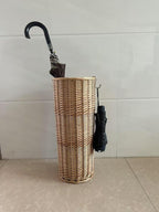 Natural Rattan Umbrella Stand for Entryway, 21.2H x 9.4L x 9.4W, Detachable Drip Tray & 2 Metal Hooks – Storage for Umbrellas, Canes & Walking Sticks, Stylish Home Decor