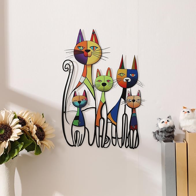 Wesiti Cat Wall Art Decor Iron Wall Sculptures Decor for Cats Lover 10.6 x 15.7 Inches Colorful Mid Century Cat Retro Signs for Home Living Room Bedroom Kitchen Office(Glamorous)