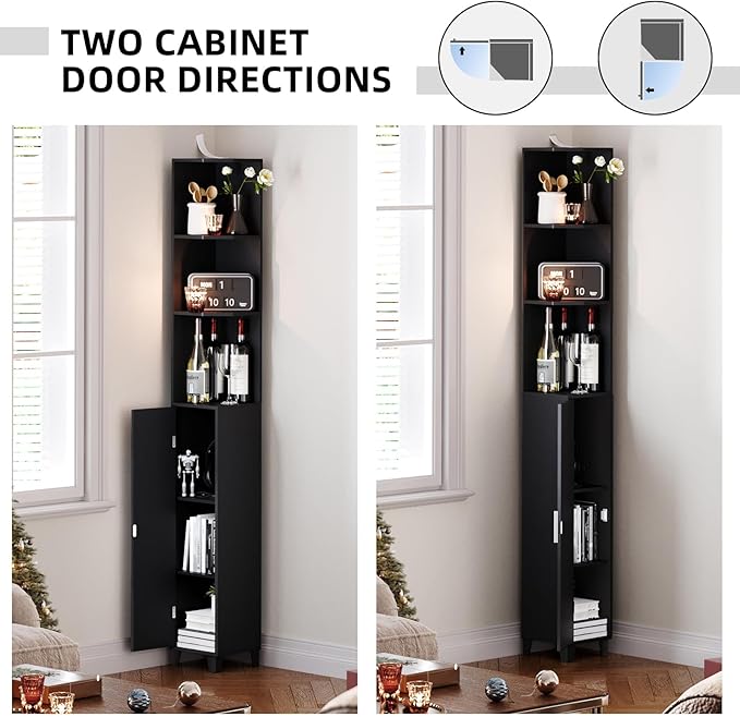 MOHOPE Corner Shelf with Cabinet, 74.8" Tall Corner Display Cabinet with Door, 5-Tier Narrow Bookshelf with Adjustable Shelves for Living Room, Bathroom, Dining Room, Small Space, Black