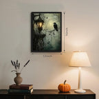 Gothic Decor Framed Wall Art, Vintage Dark Academia Canvas Prints, Horror Forest Crow Wall Decor for Living Room Bedroom Home Decor – Black Wooden Frame 12x16in