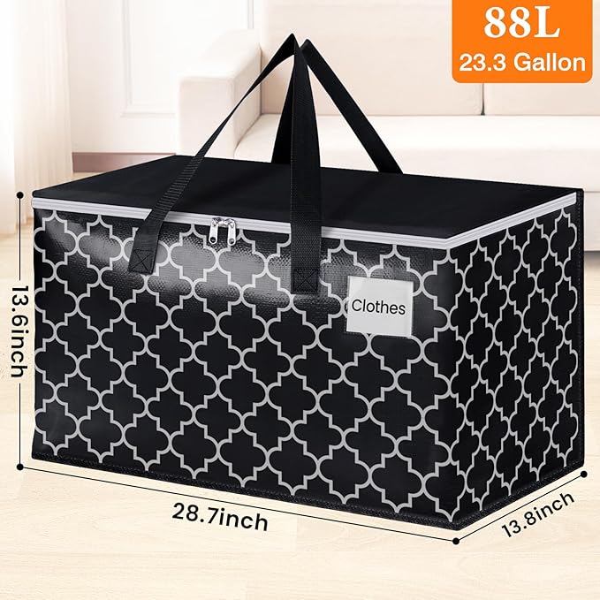 HomeHacks Heavy Duty Moving Bags with Tag Pockets, Collapsible Storage Totes for Moving, Camping & Travel -Foldable Packing Boxes, Zipper Handles, Black（2 Packs, 88L）