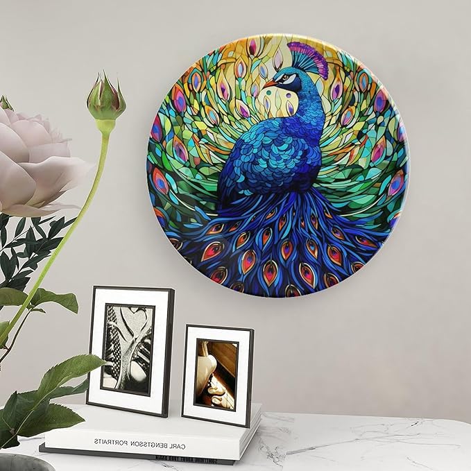 Decorative Plates, Colorful Peacock Stained Glass Design Ceramic Dinner Plate Home Wobble-Plate with Display Stand, Wall Hanging Decor for Kitchen Household 8 Inch, Gifts for Peacocks Lover