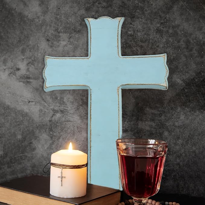 Bltgh Blue Wooden Cross Wall Decor, Religious Cross Gifts With Hook on Hanging Wall Or Table, Confirmation Cross Gift, Baptism Gifts, Rustic Home Church Room Crosses Décor, 10x6.5 IN