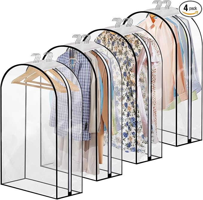 4 Pack Full Clear Garment Bags with Side Zipper, 40" Clothes Covers with 10" Gusset, Transparent Hanging Suit & Coat Covers for Closet Storage, Jackets, Dresses, Windbreakers