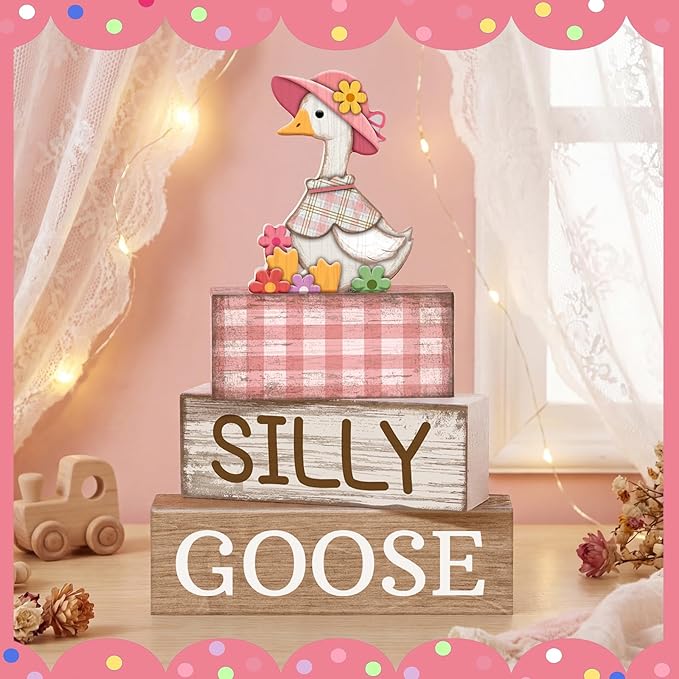 Yuntau 4 Pcs One Silly Goose Birthday Party Decoration Wood Silly Goose Table Sign Pink Baby Shower Tiered Tray Decor Tabletop Centerpieces for First Birthday Baby Shower Home Shelf Office