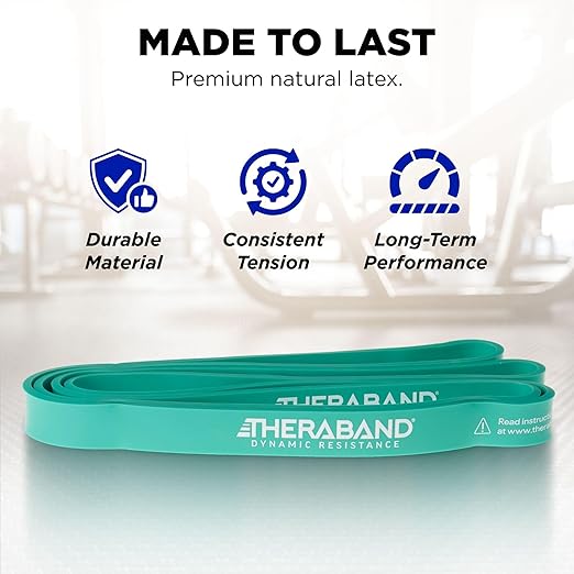 THERABAND High Resistance Band, Elastic Super Bands For Improving Flexibility, Injury Rehab, & Full Body Workouts, Heavy Duty Stretch Bands For Powerlifting, Medium, Green, 25 Lbs. Resistance